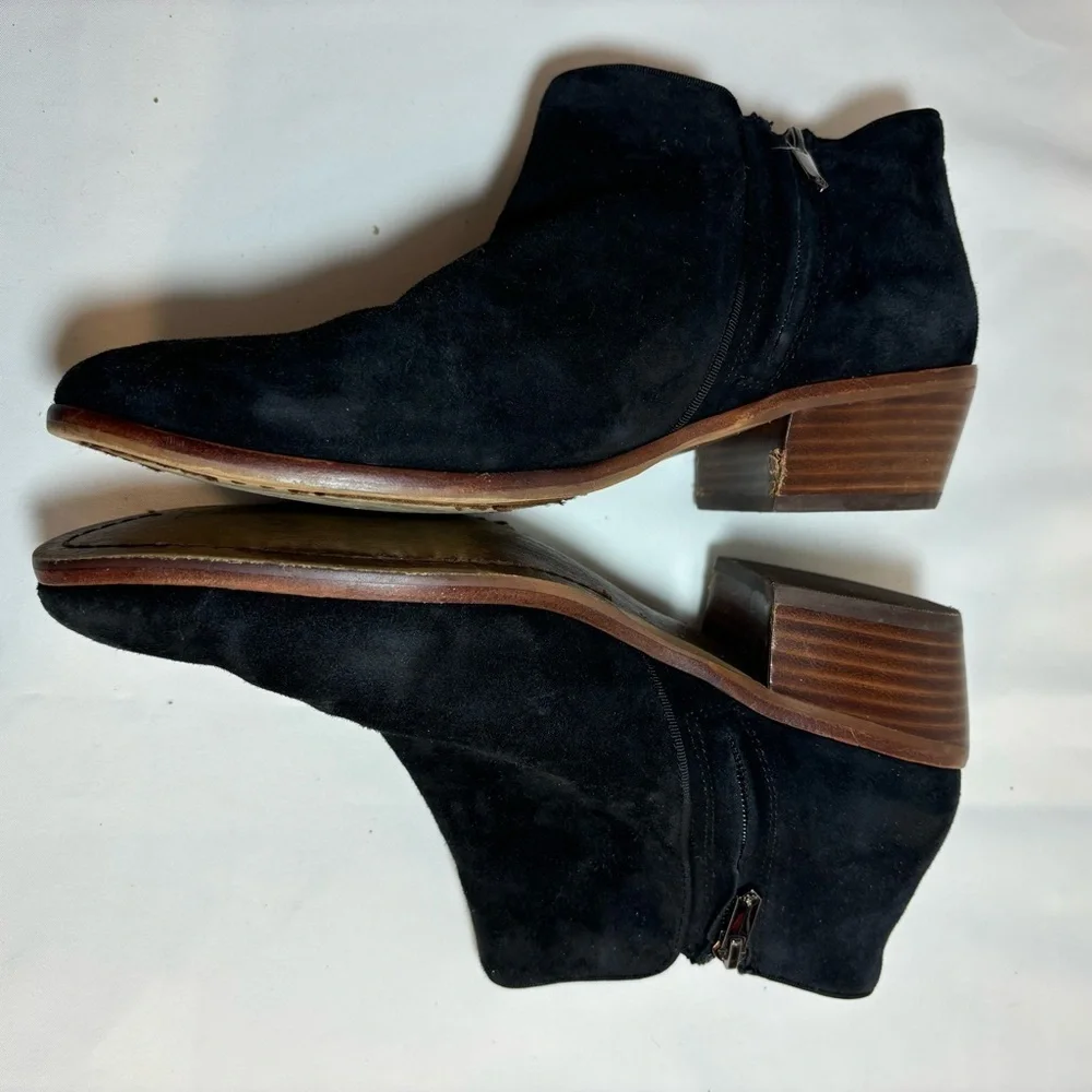 SAM EDELMAN Sz 9 Suede Booties Brown Stacked Heel Almond Toe Low Top Ankle Boot - Picture 4 of 9